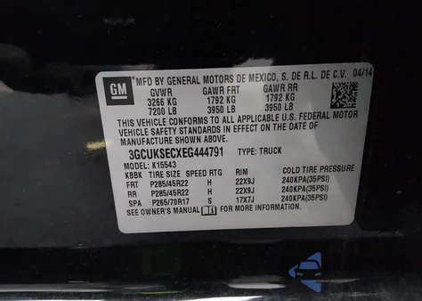 2014 Chevrolet Silverado 1500 2Lz z USA, uszkodzony, nr VIN 3GCUKSECXEG444791